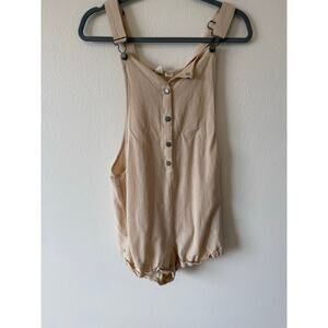 Roxy Linen Blend Beige Tan Flowy Button Down Overall Shorts Romper Womens M